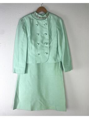 Vtg 60s Sakowitz Mint Green Dress Jacket Set Beaded Rhinestone Collar Suit Sz 12